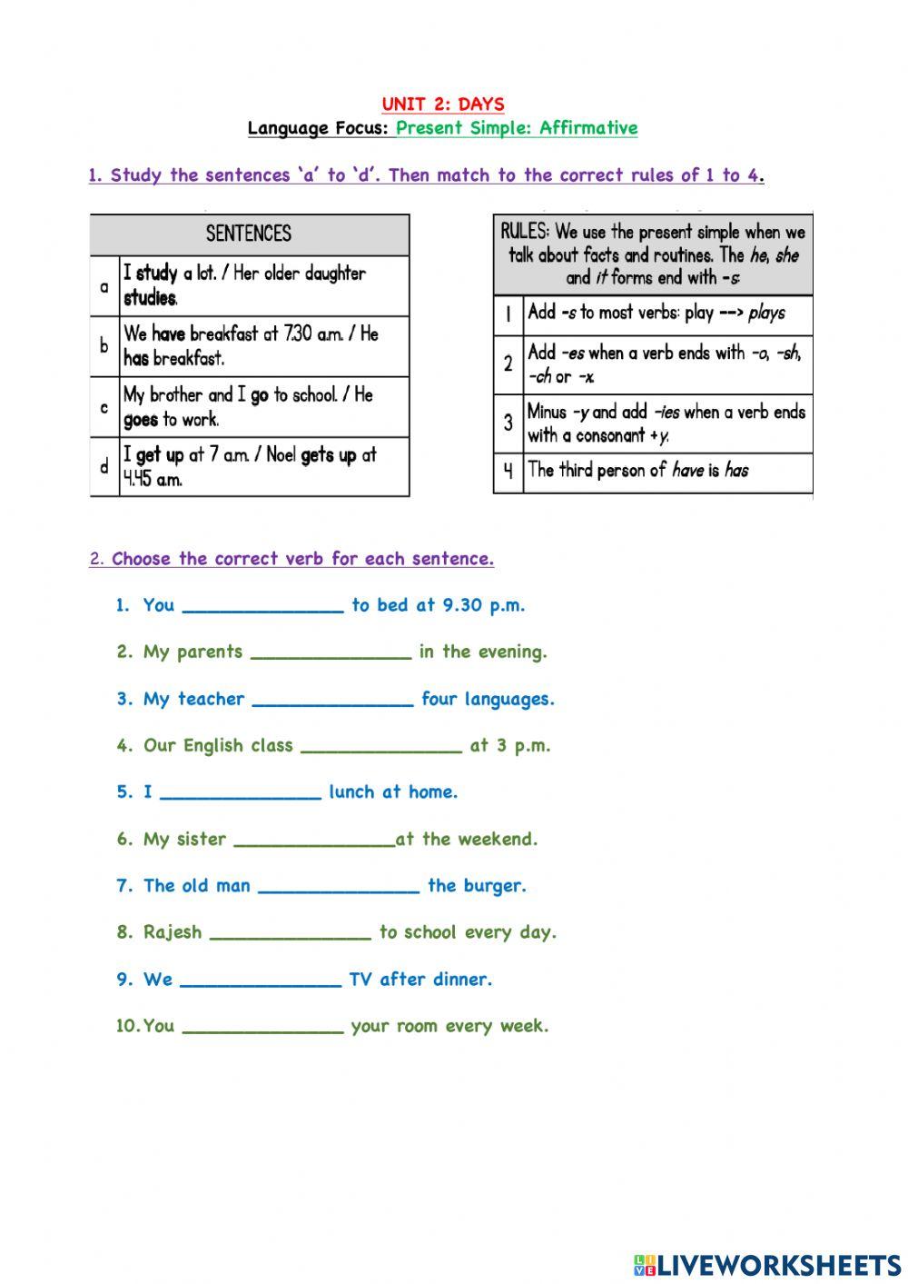 Unit 2: Language Focus: Present Simple Affirmative
