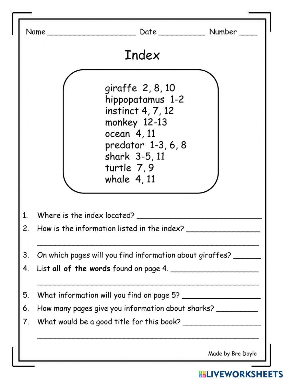 6629038 | Using the Index | mrs_stewart | LiveWorksheets