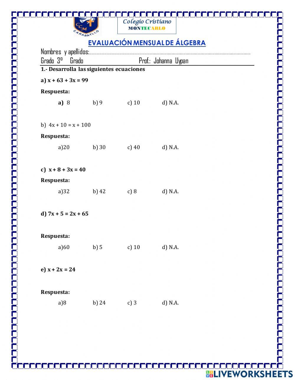 Evaluacion mensual algebra