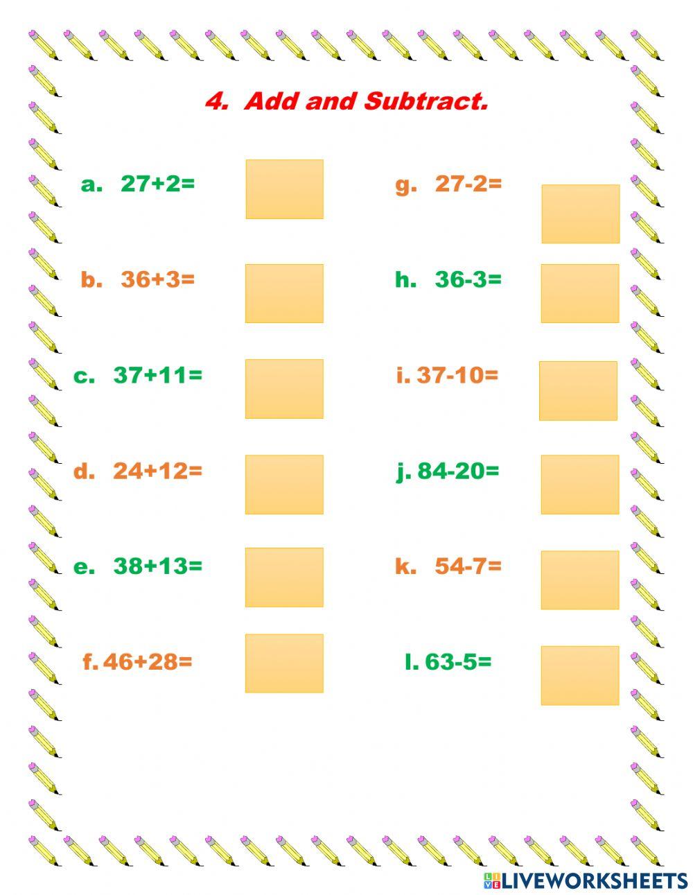 Add and substract worksheet | Live Worksheets