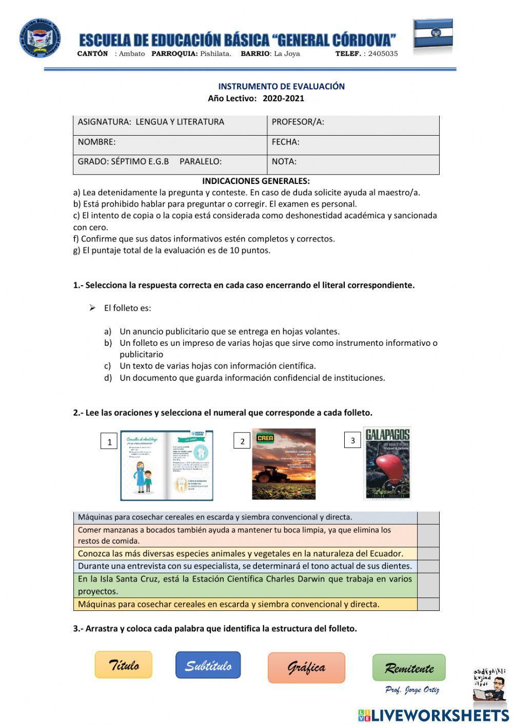 Evaluación Lengua y Literatura 7mo