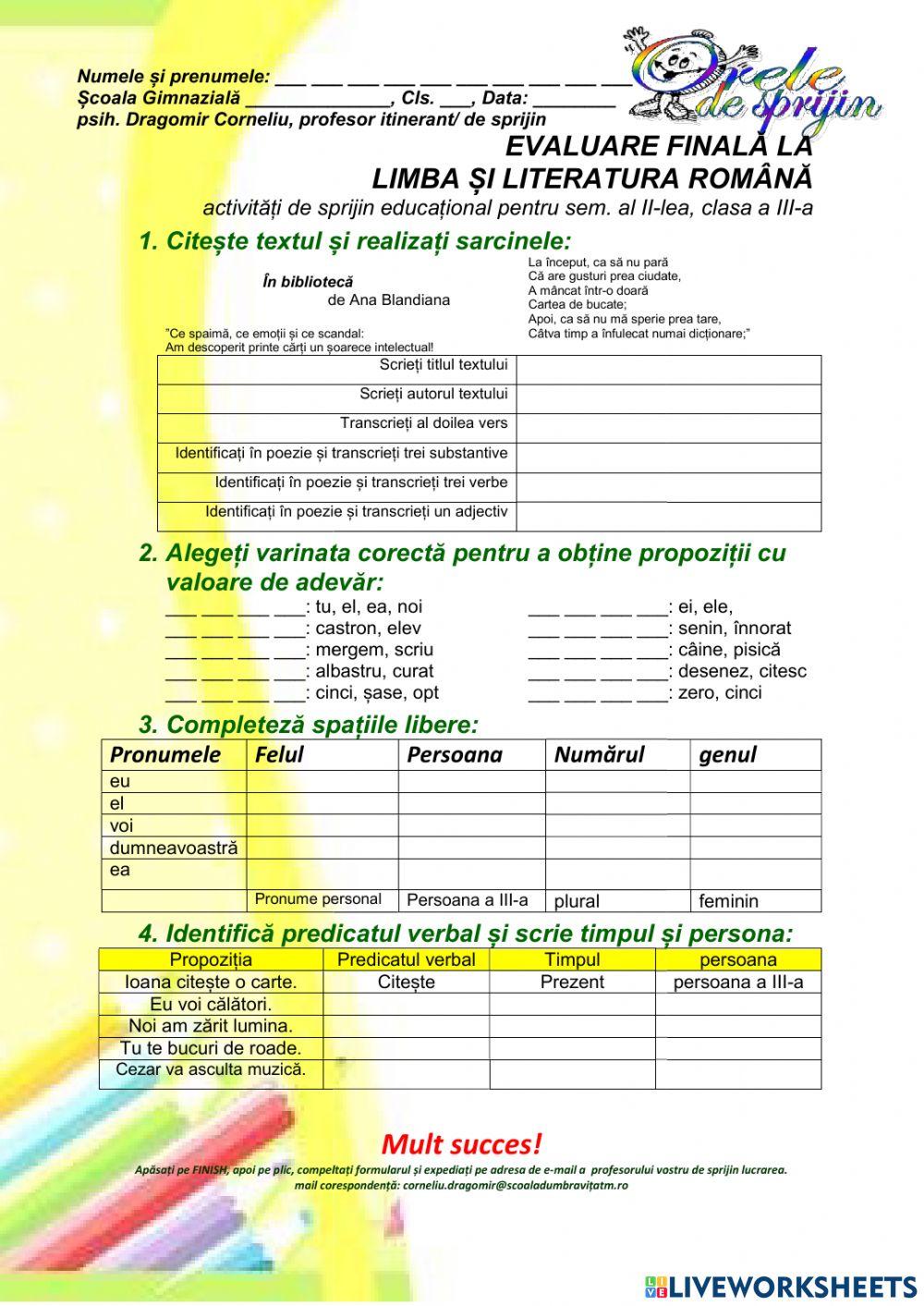 Evaluare finală semestrială, Lb Romana, cls a III-a, sem II