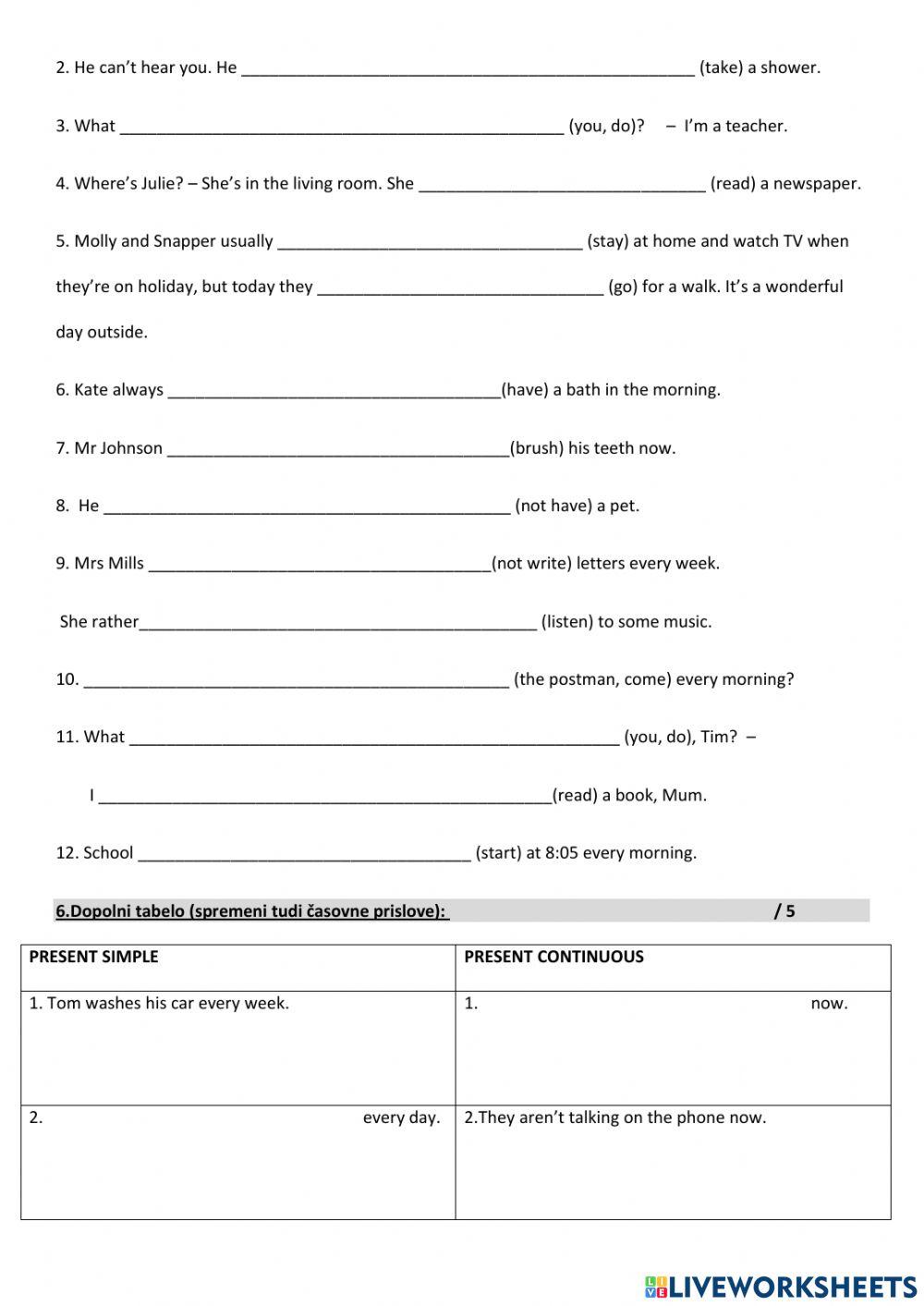 Preverjanje znanja Present Simple-Continuous