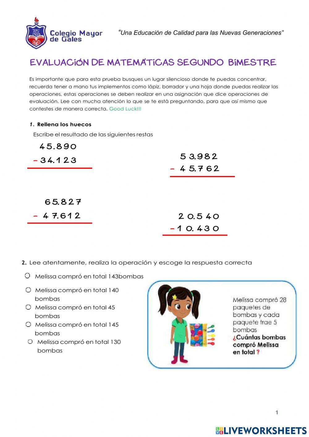 Evaluación matemáticas 2  -  segundo bimestre