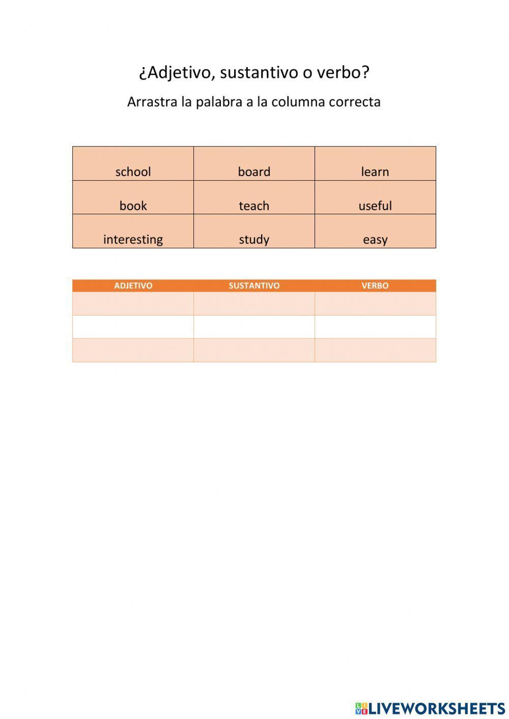 Adjetivos sustantivos verbos