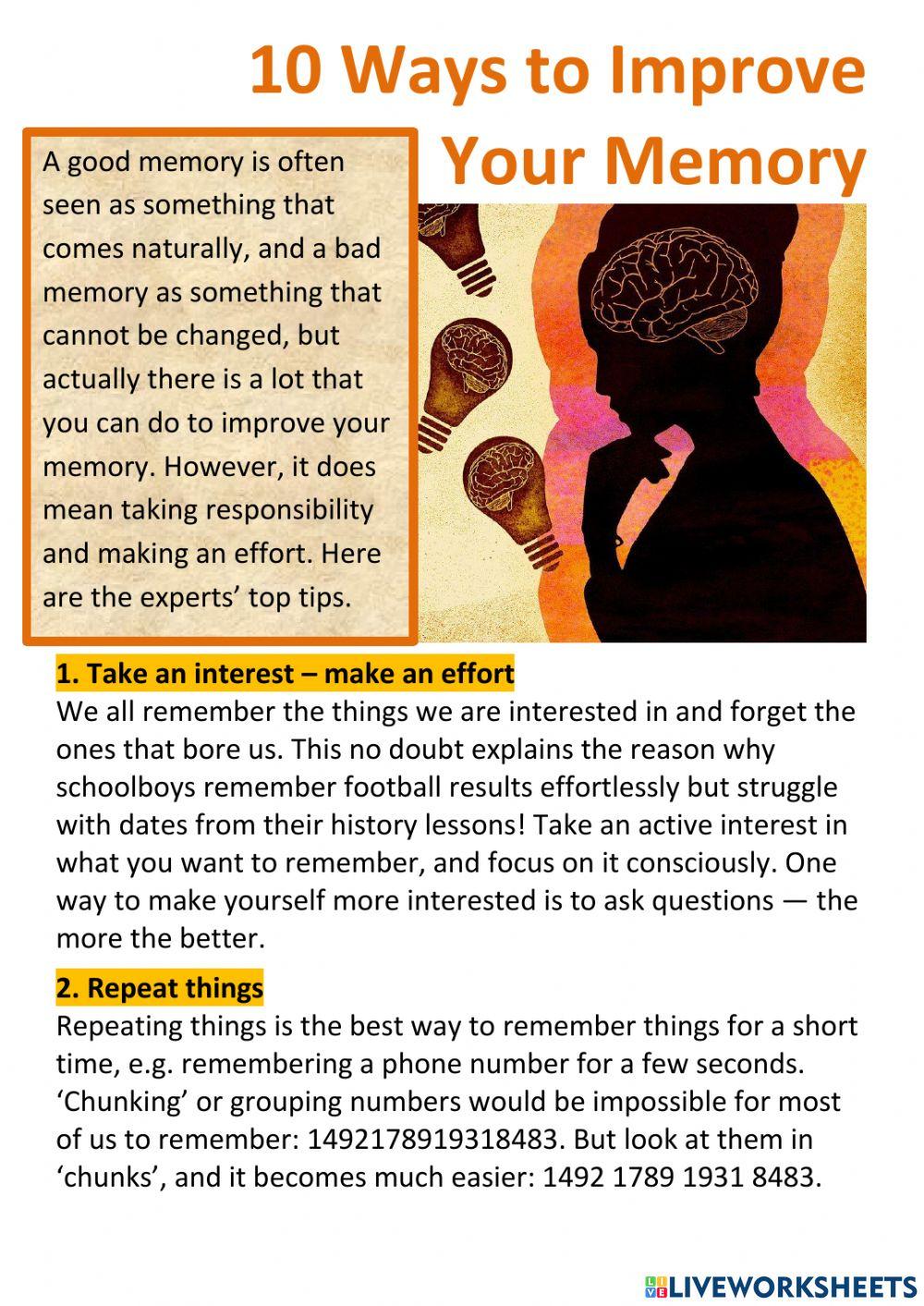 10 ways to improve memory online exercise for live worksheets