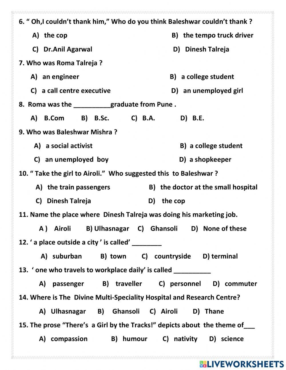 Multiple Choice Questions online exercise Live Worksheets
