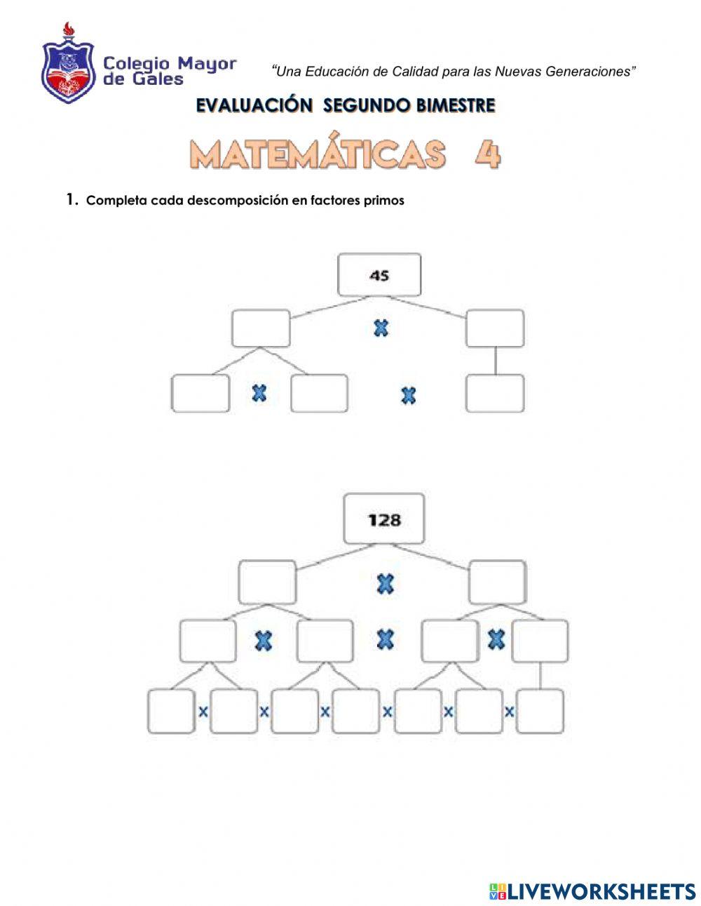 Evaluación matemáticas  4  - segundo bimestre 2021