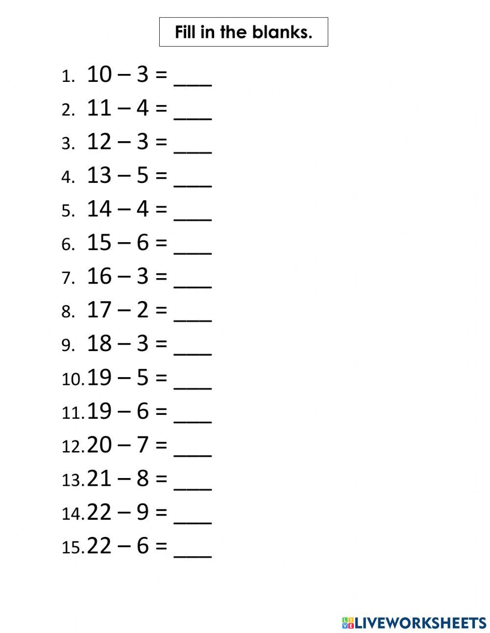 Subtraction within 30 worksheet