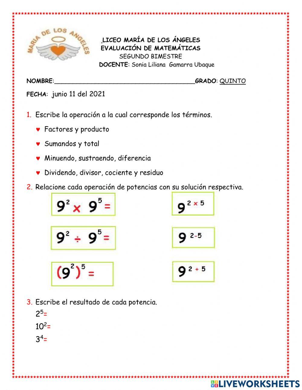Evaluación matemáticas 5