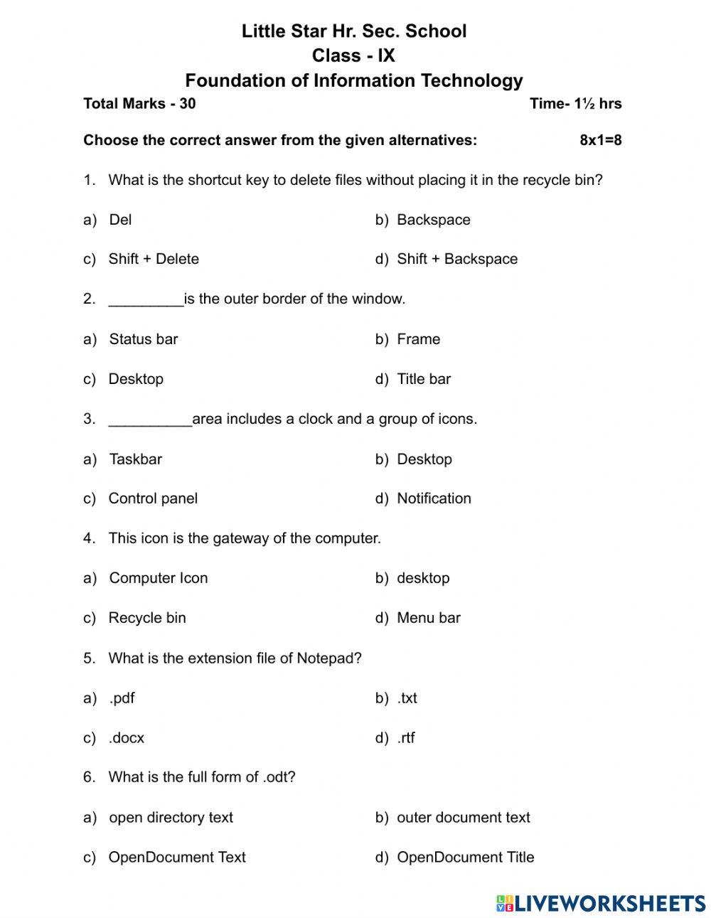 Class 9 fit introduction to ms word online exercise for live worksheets