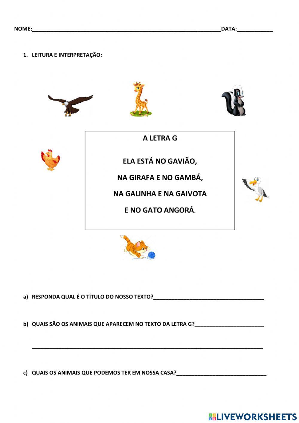 Atividades de leitura, interpretação usando a família silábica do G  e produção textual com apoio.