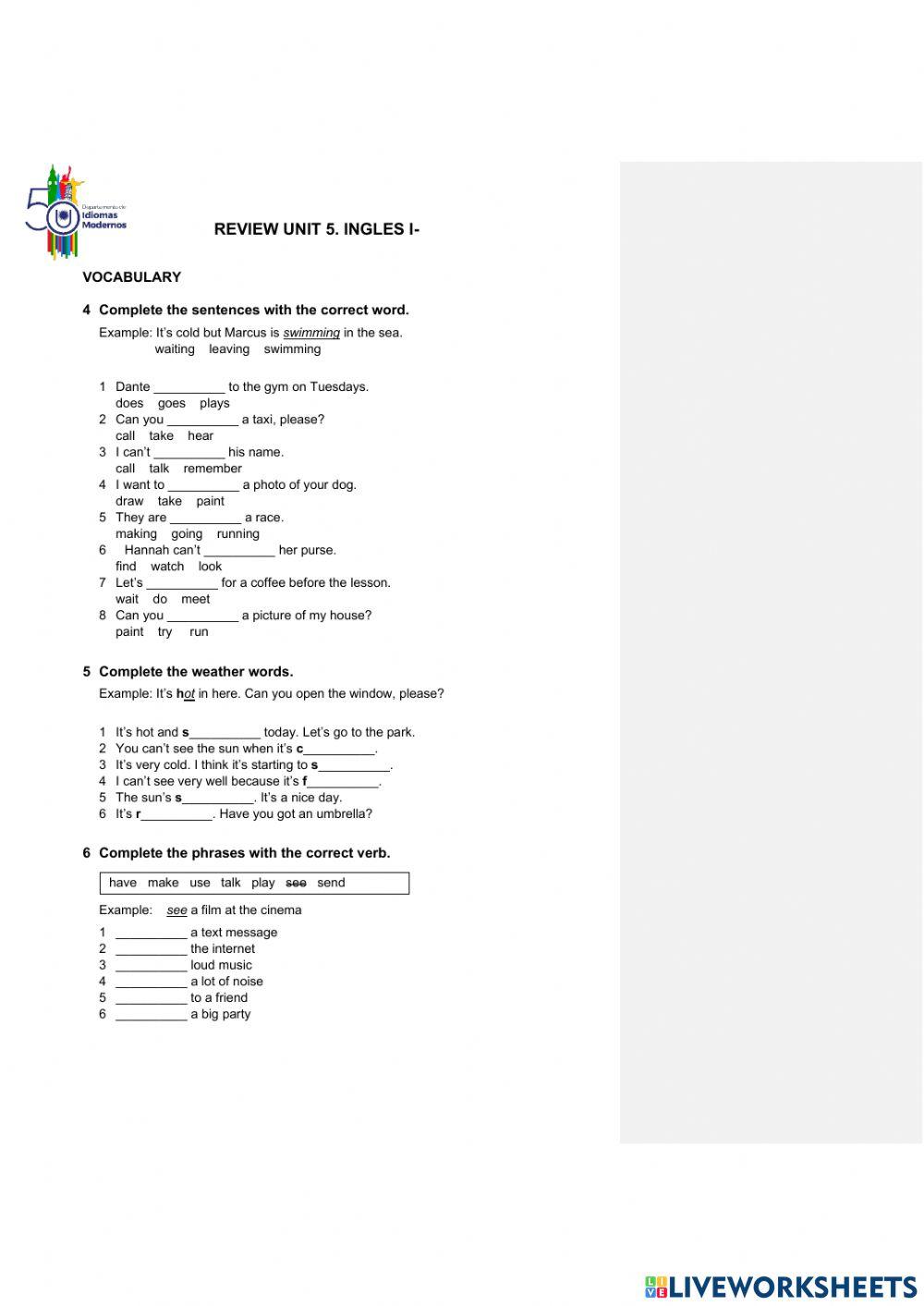 Inglés I. Elementary-Unidad 5.