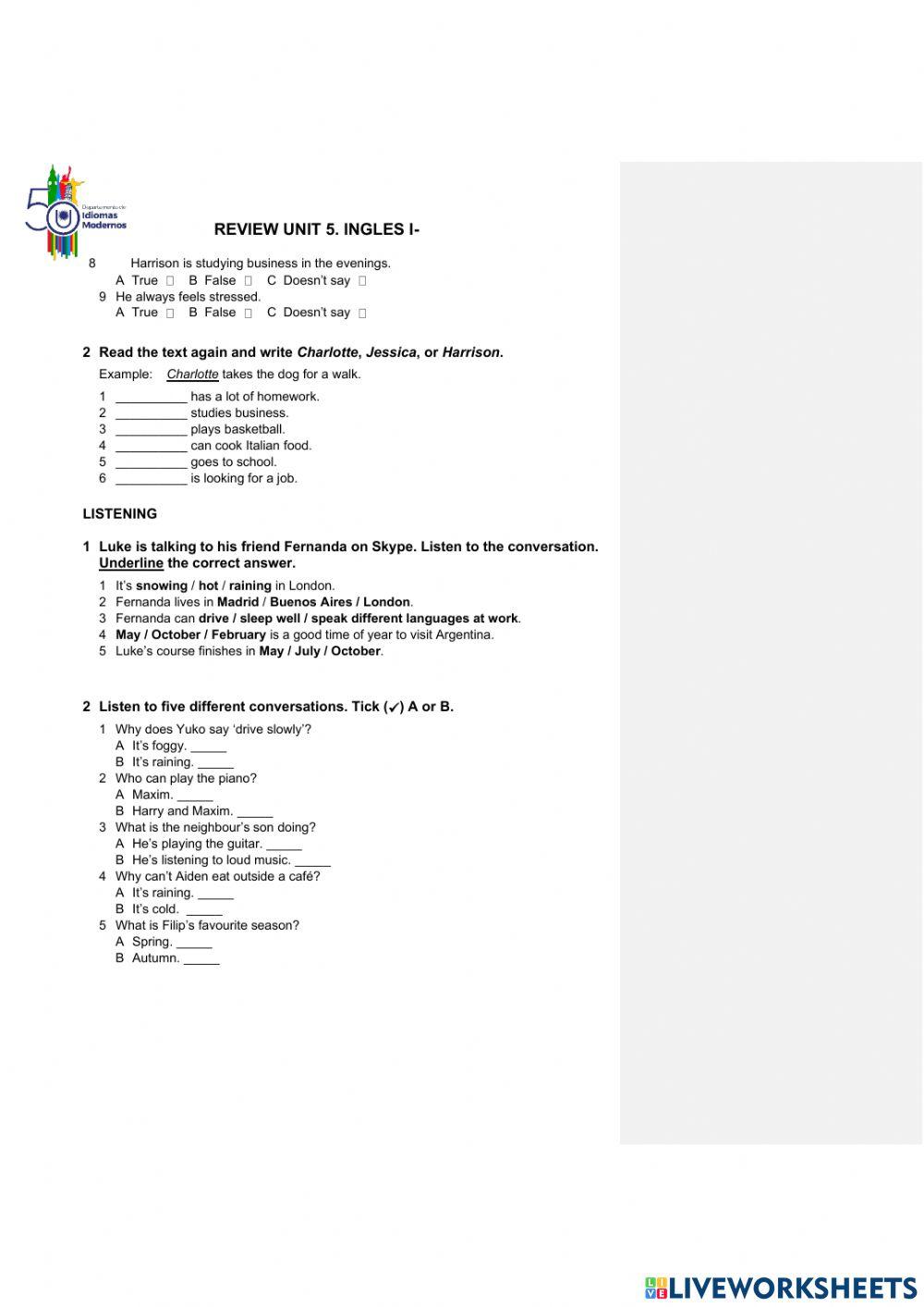 Inglés I. Elementary-Unidad 5.