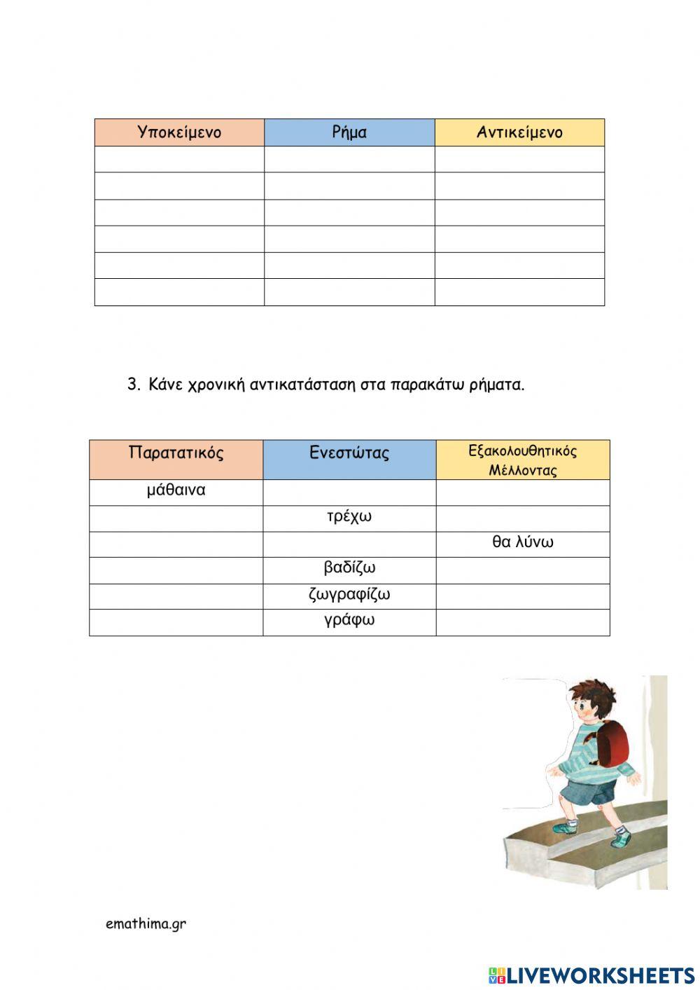 άρθρο-επιθετο-ρήμα-ουσιαστικό, ενεστώτας-παρατατικός-εξακολουθητικός μέλλοντας