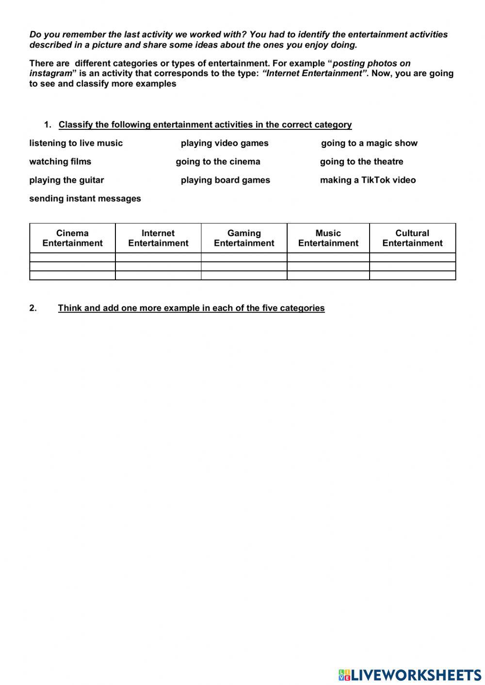 Types of entertainment