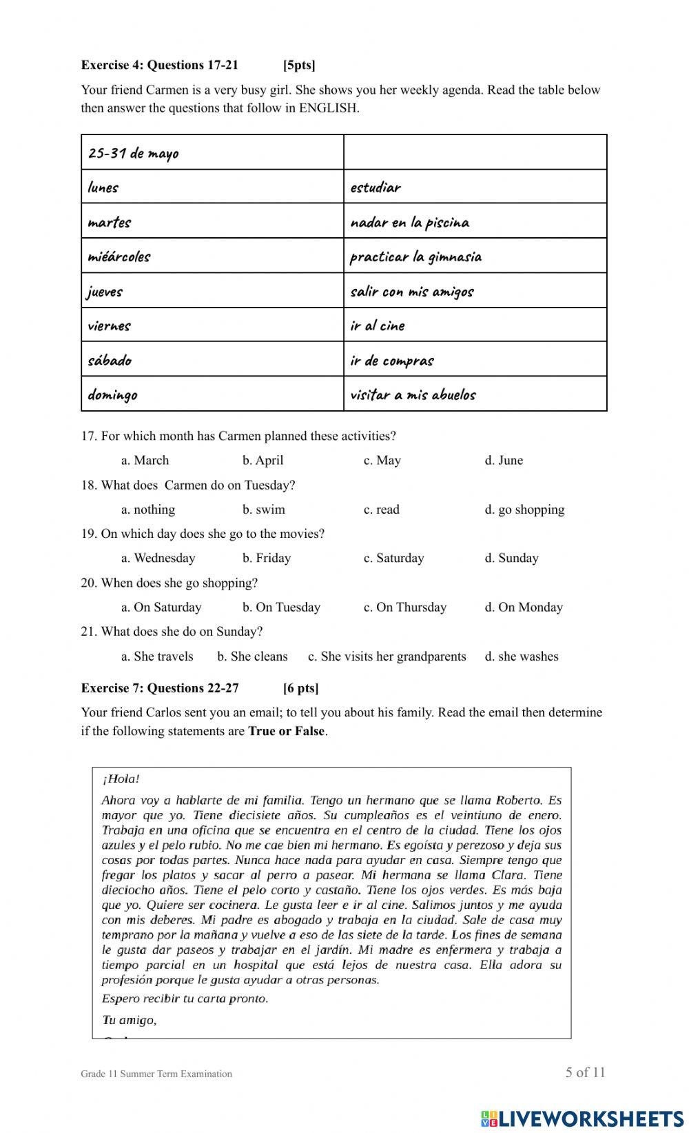 Grade 11 Reading exam summer 2021