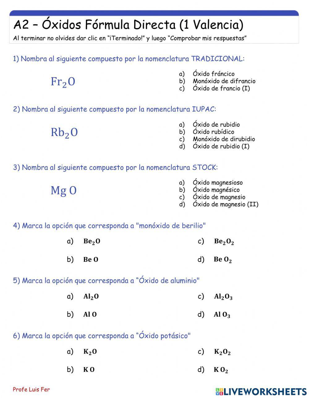 Óxidos Básicos Fómula Directa (Elementos con una valencia)