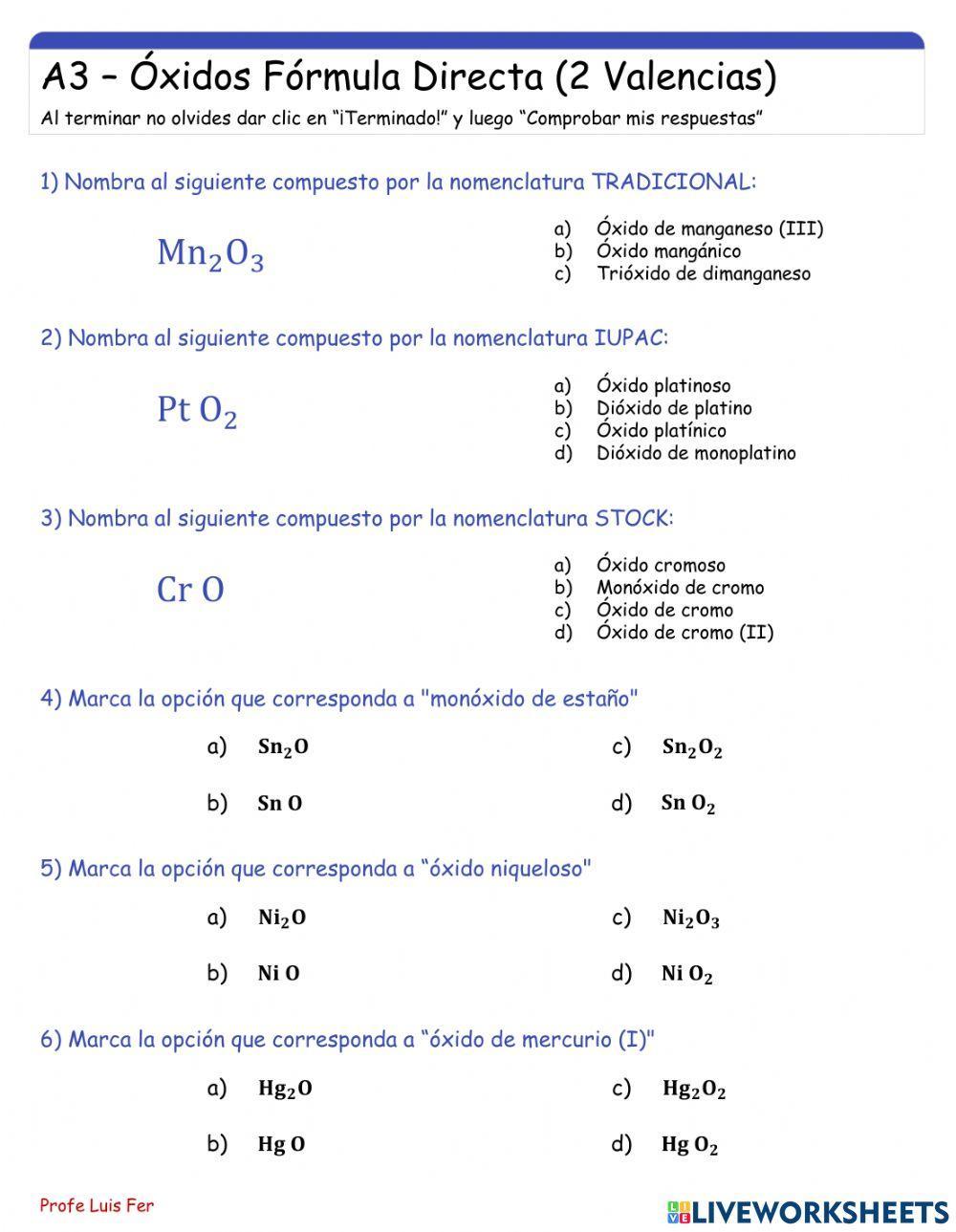 Óxidos Básicos Fómula Directa (Elementos con dos valencias)