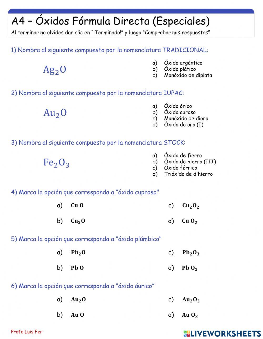 Óxidos Básicos Fómula Directa (Elementos con nombres especiales)