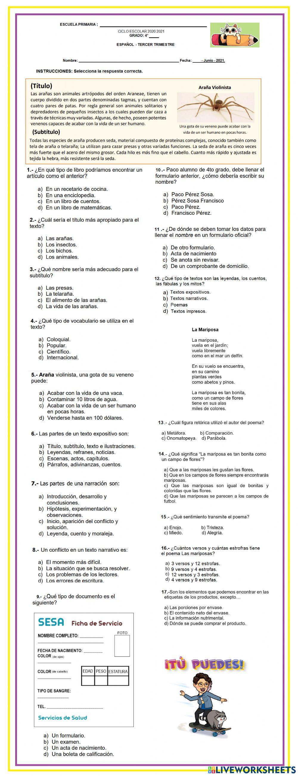 Examen de español 4° grado-tercer trimestre