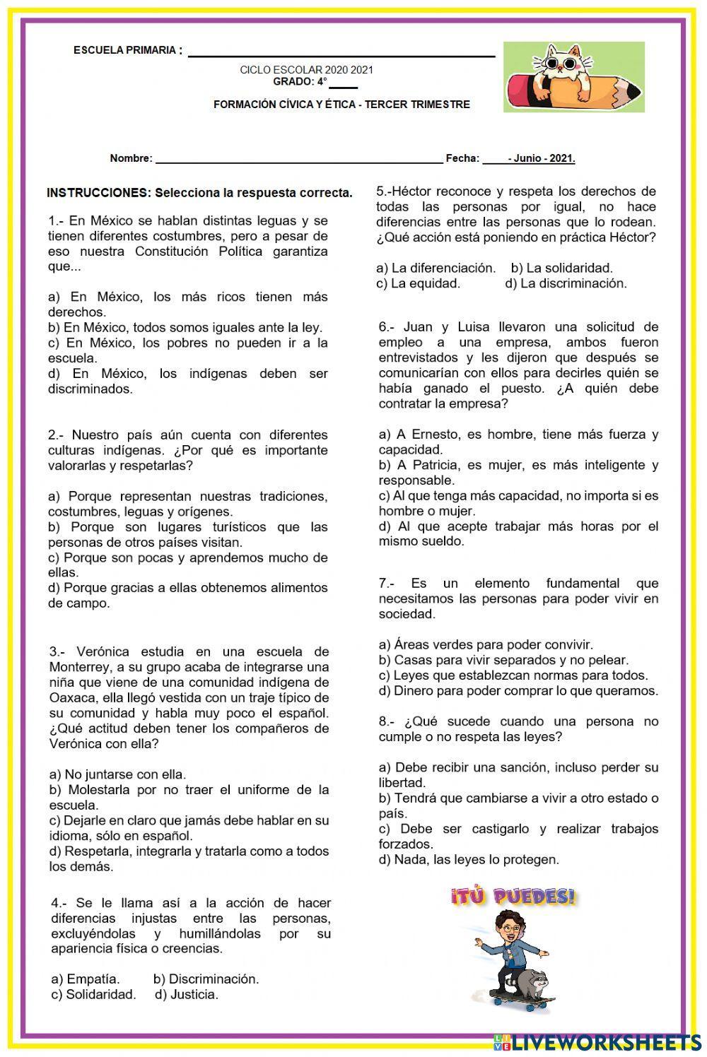 Examen de formación cívica y ética 4° grado-tercer trimestre