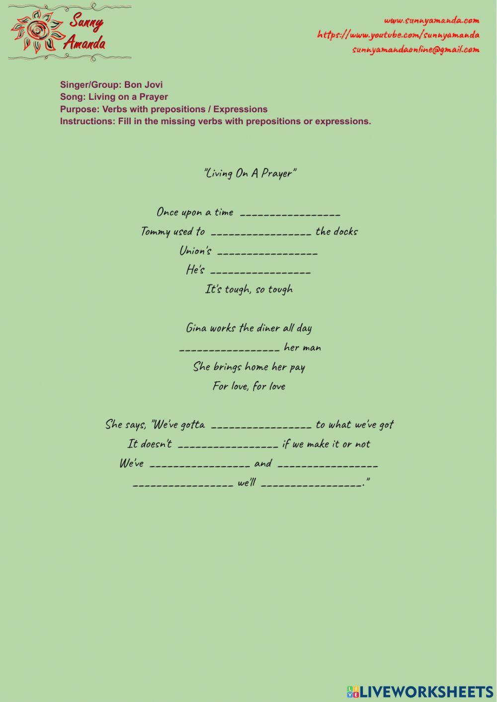 Music Lyrics - Verbs with Prepositions - Expressions - Bon Jovi - Living on Prayer