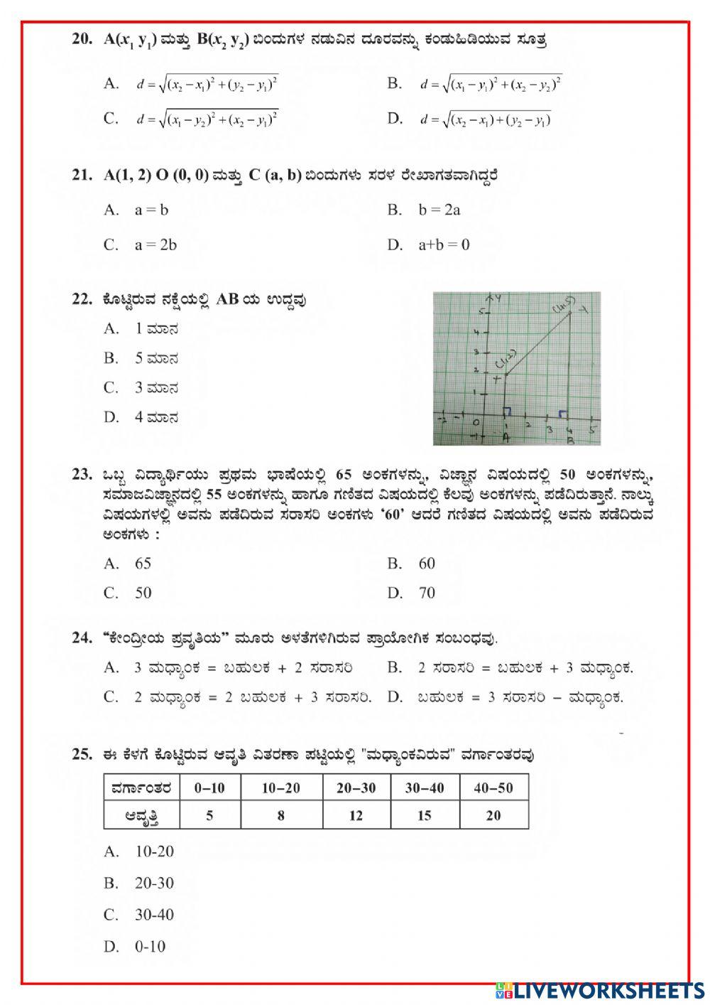 KSEEB Model QP Maths MCQ 40 kannad medium