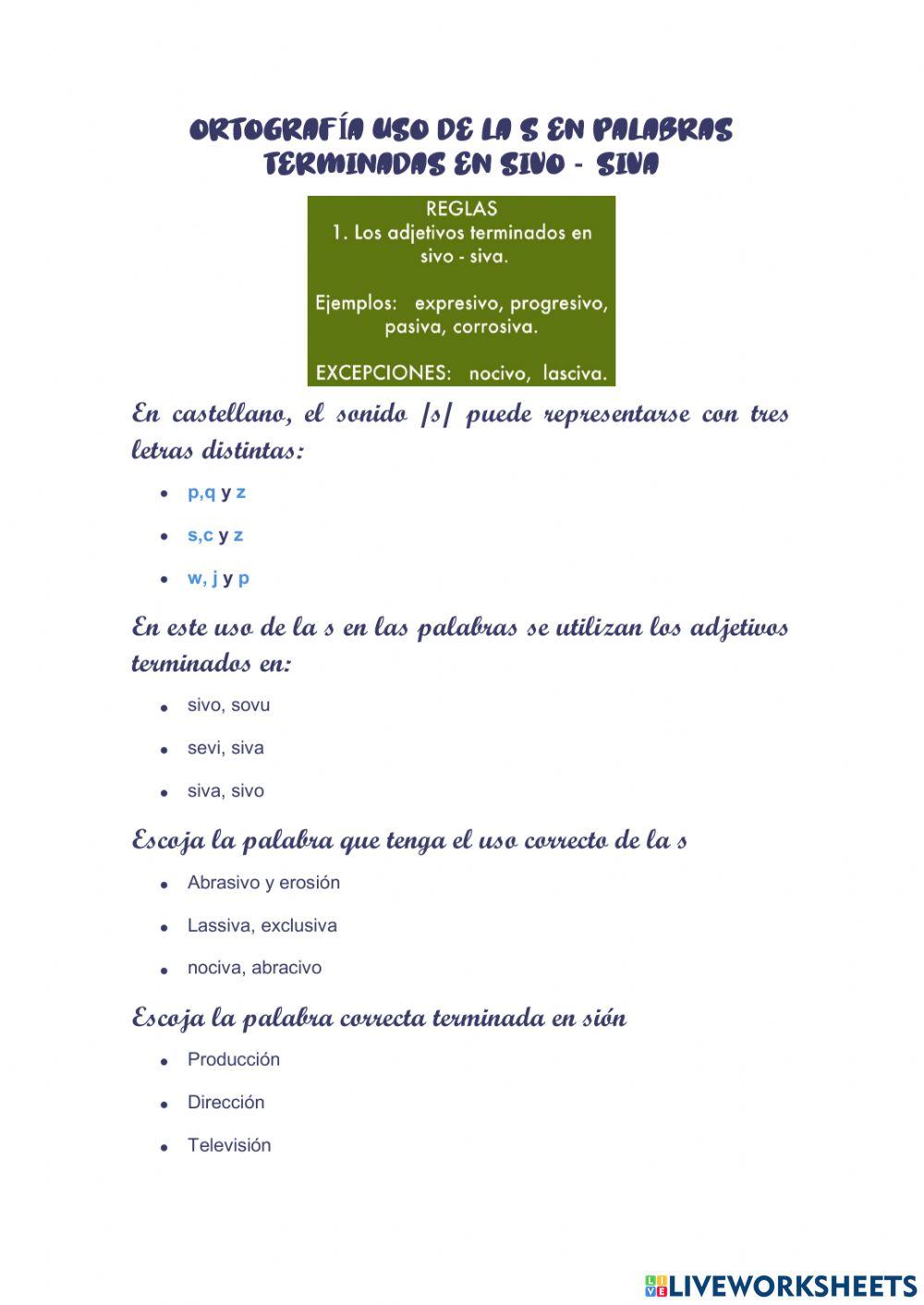 Ortografía uso de la S en palabras terminadas en SIVO - SIVA
