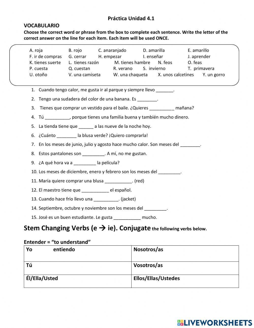 Avancemos 1 Unidad 4.1 - Práctica