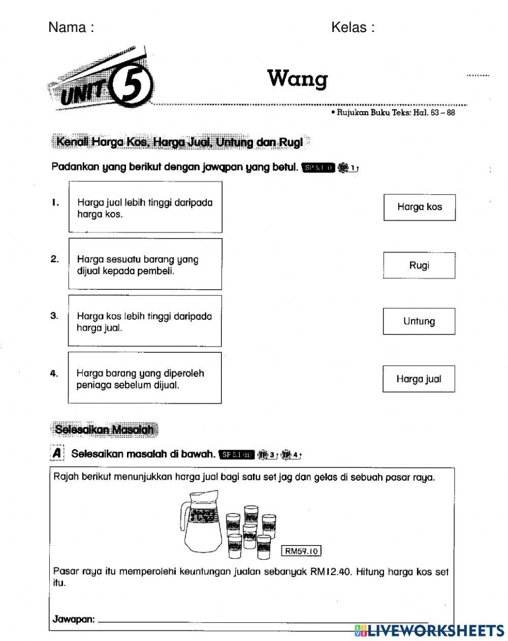 Matematik T6 Wang - Harga Kos, Harga Jual, Untung & Rugi