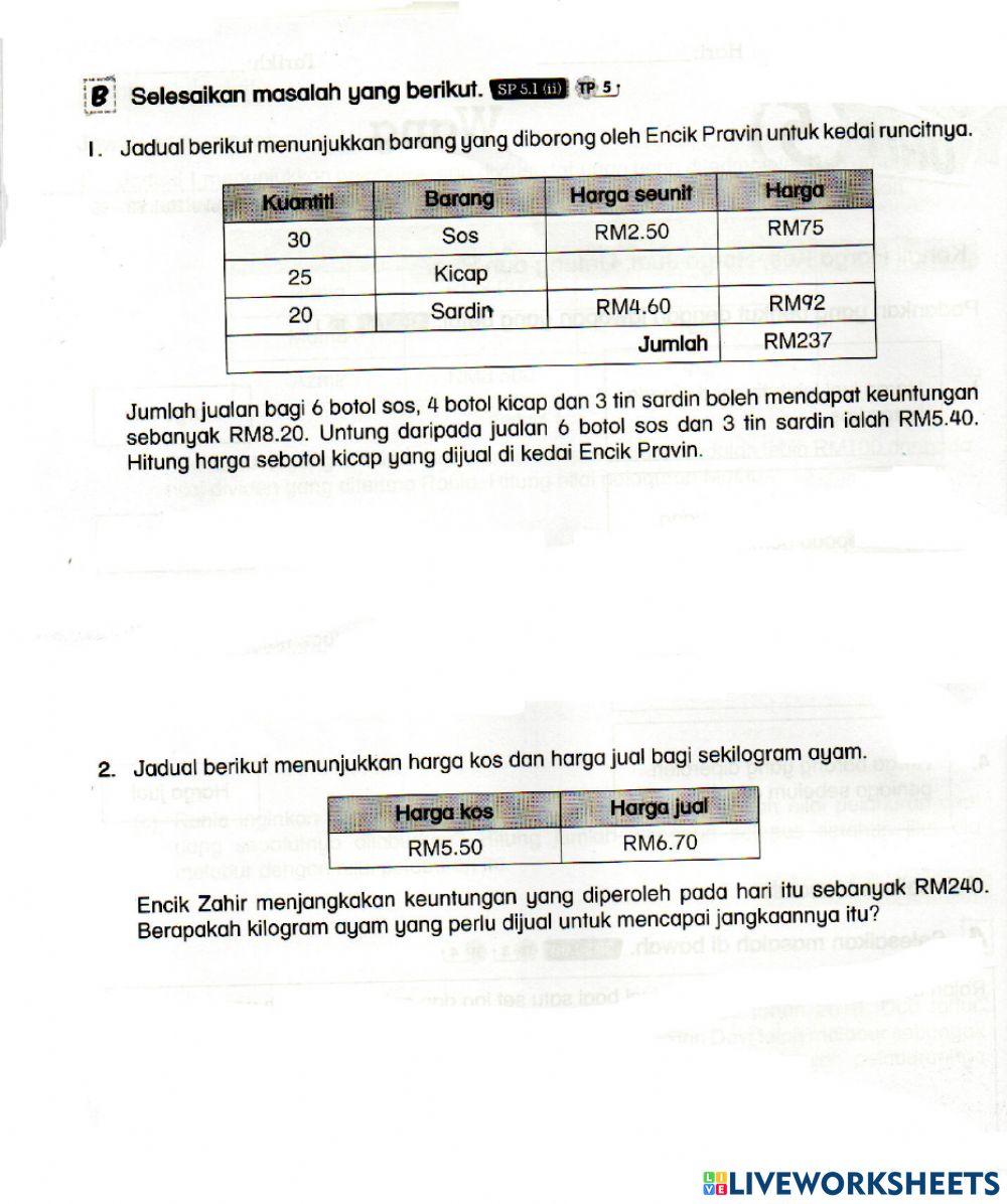 Matematik T6 Wang - Harga Kos, Harga Jual, Untung & Rugi