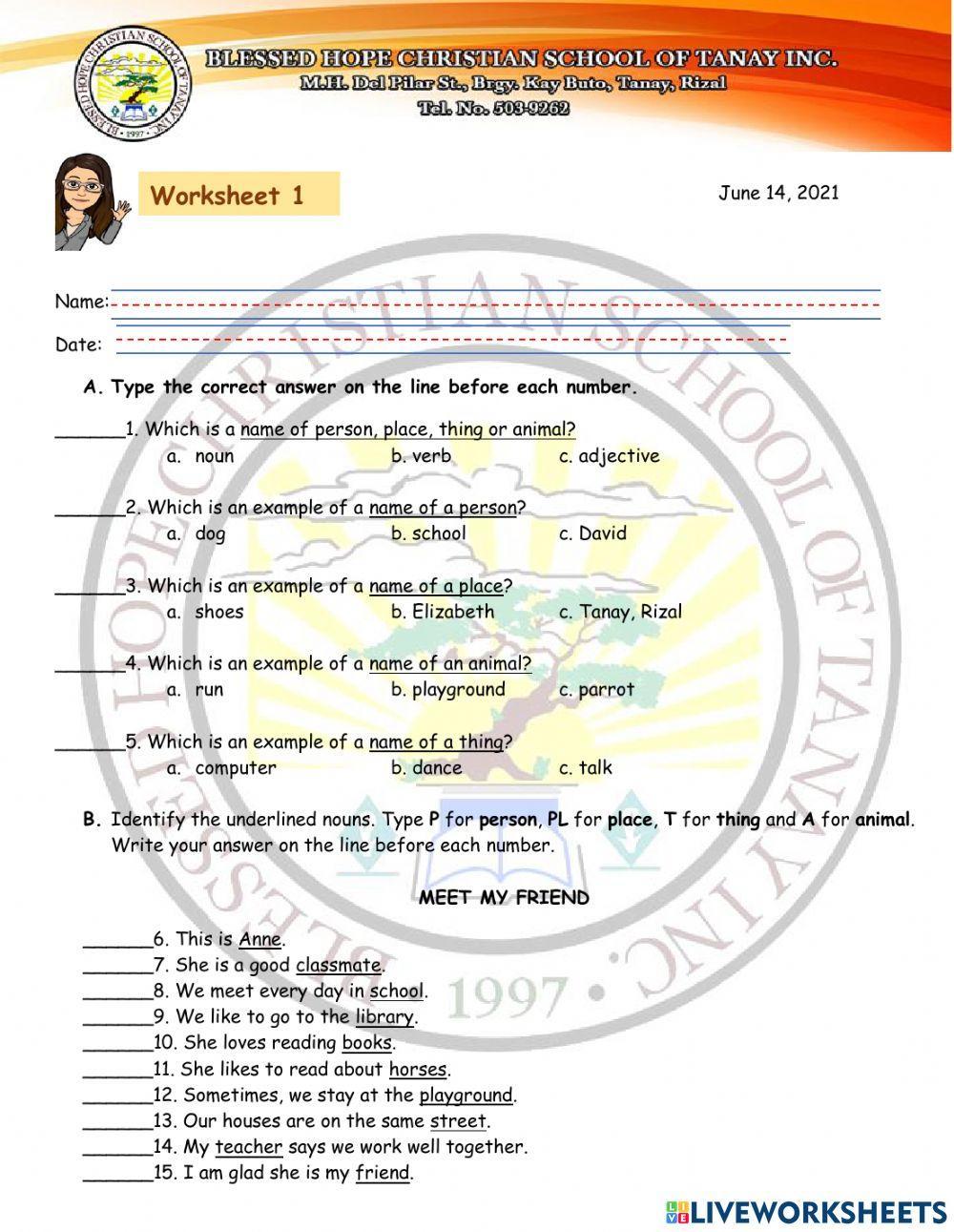 EL1 - Worksheet 1 (Nouns, Common  and  Proper Nouns)