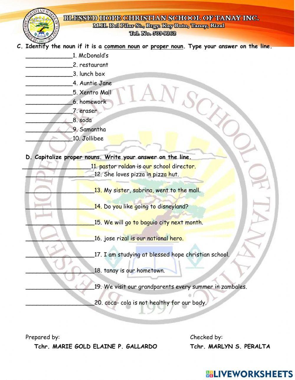 EL1 - Worksheet 1 (Nouns, Common  and  Proper Nouns)