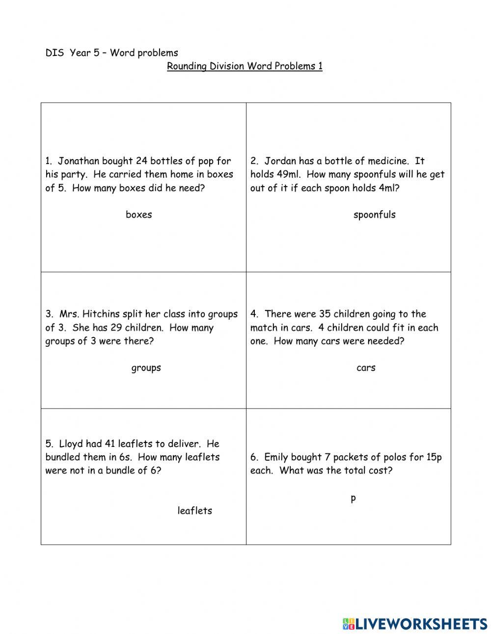 DIS  Year 5 – Rounding Division Word Problems 1