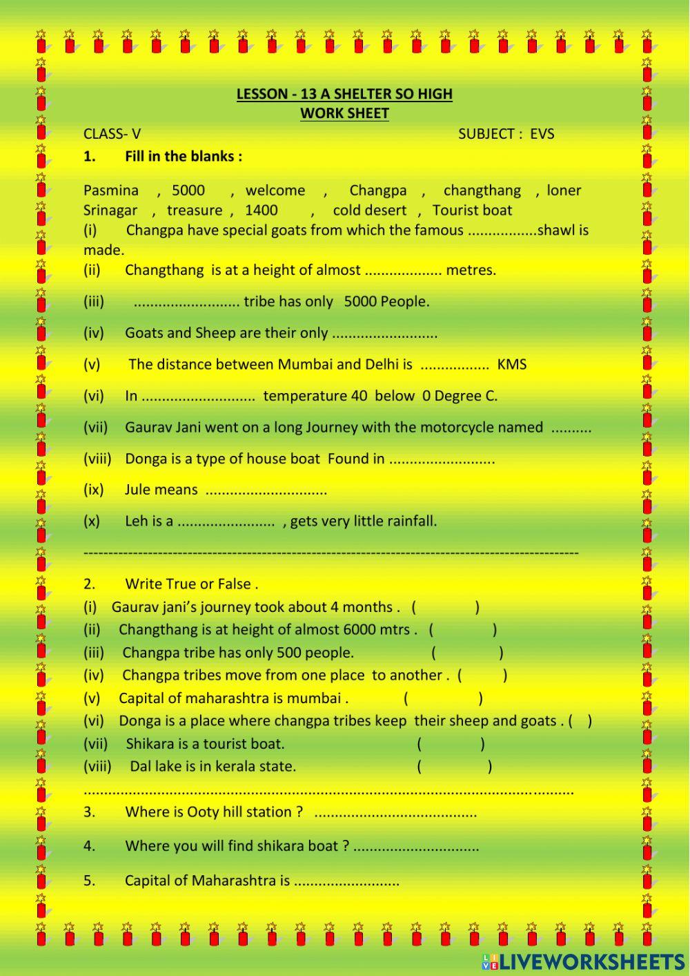 LESSON 13 LIVE WORK SHEET A SHELTER SO HIGH
