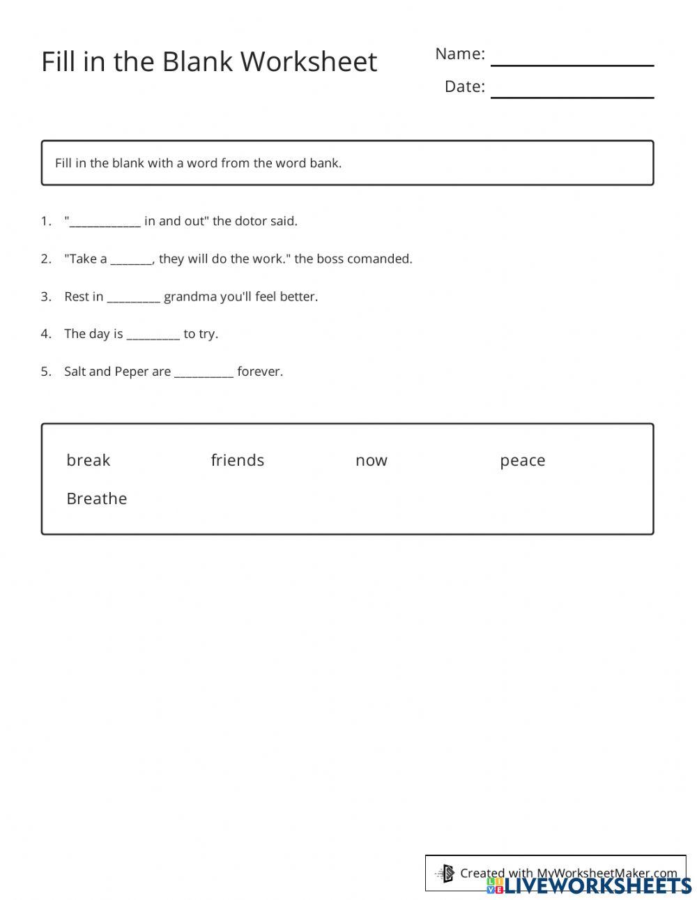 Fill in the blank worksheet worksheet | Live Worksheets