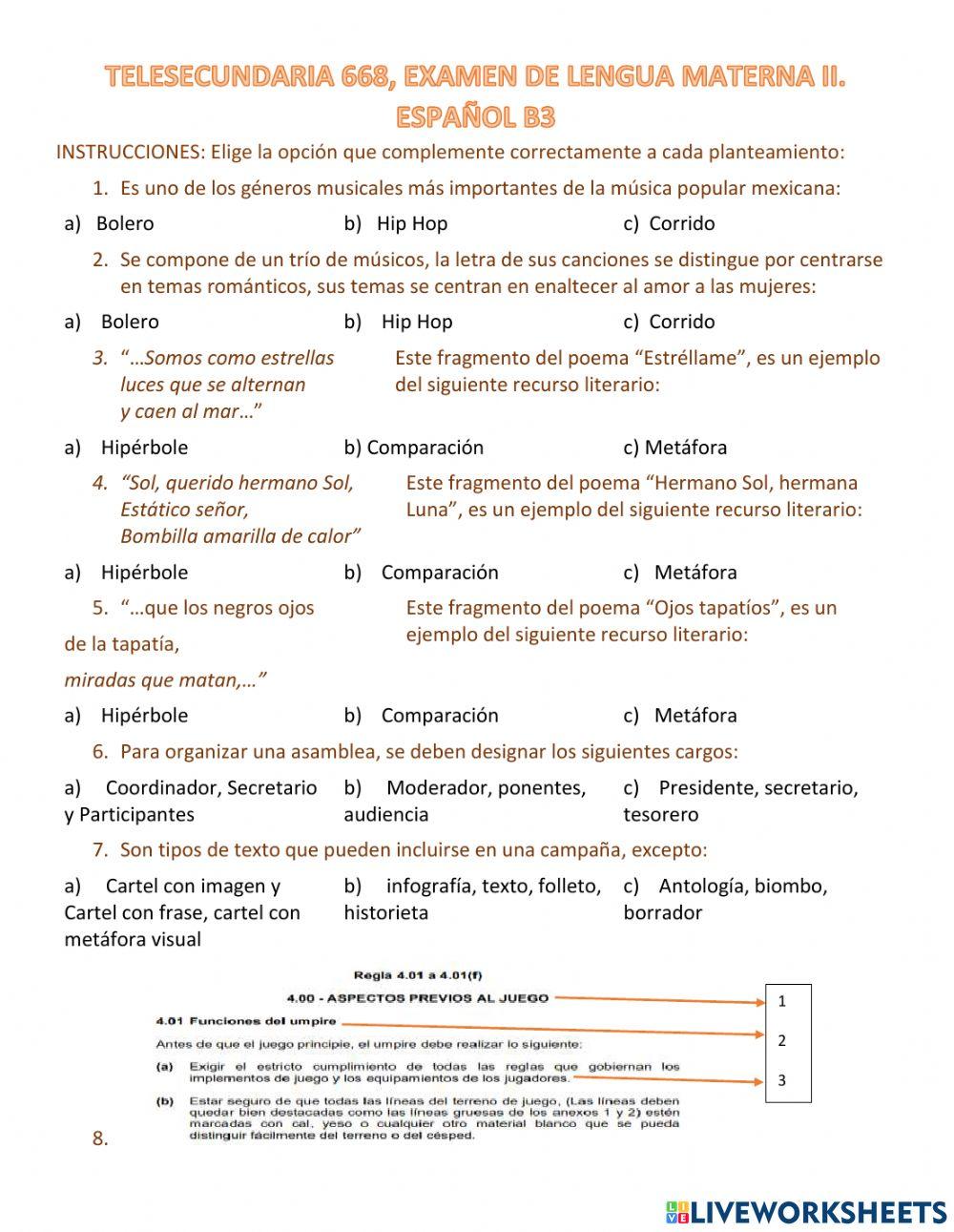 Examen de Español Tercer Periodo