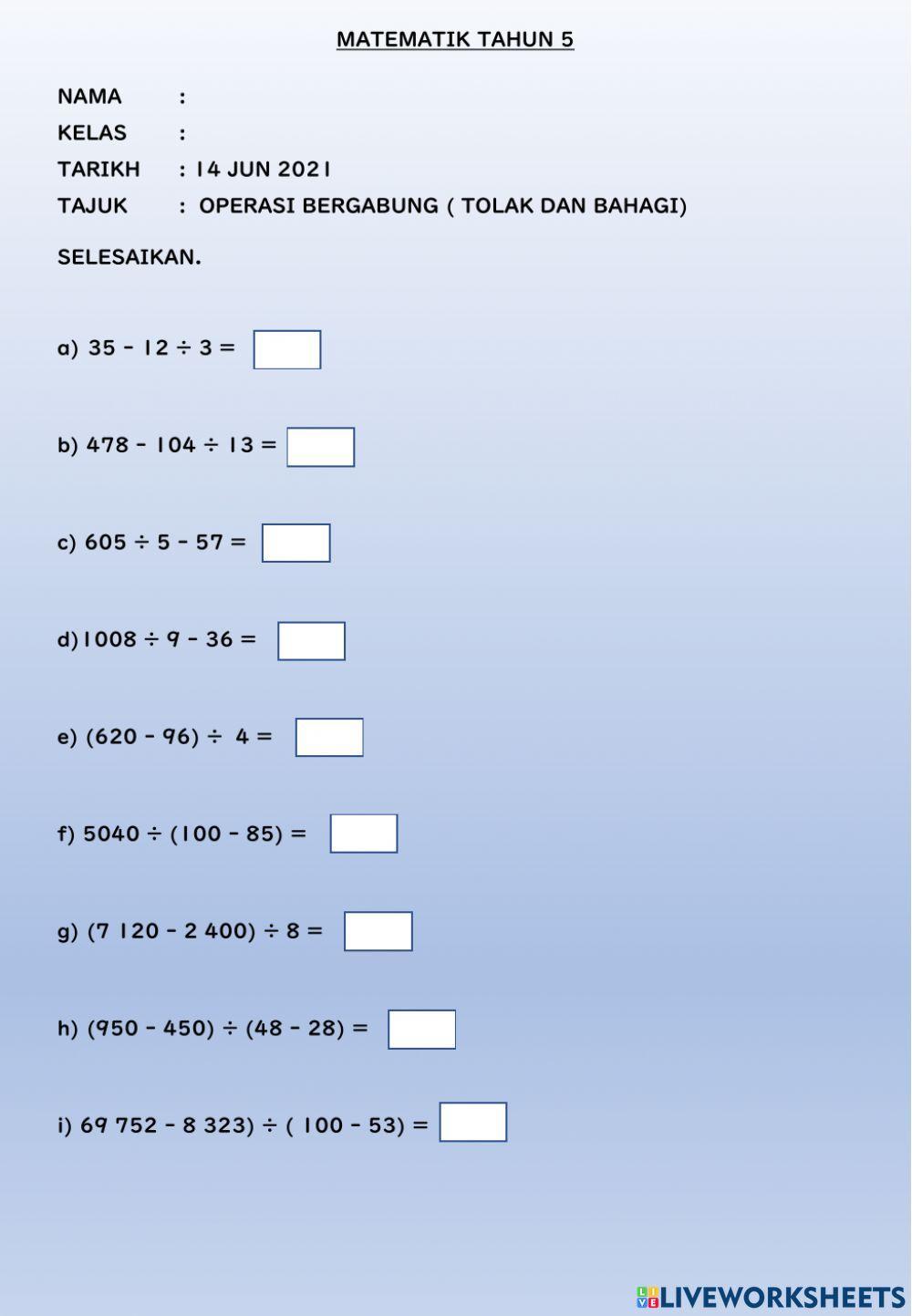 Mt5 : operasi bergabung (tolak dan bahagi)