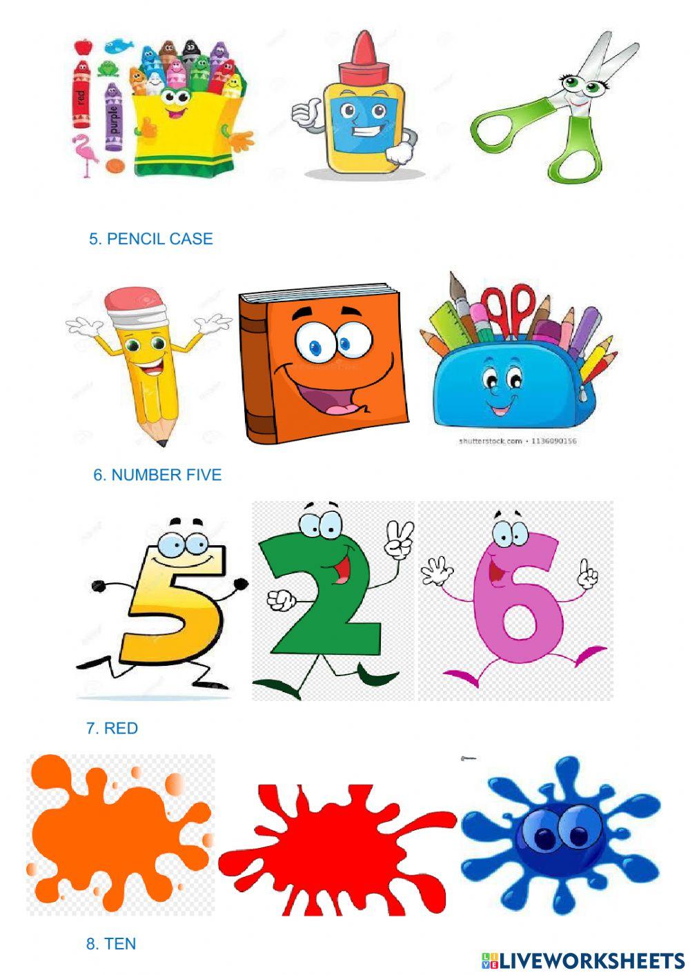COLOURS, classroom objects, numbers