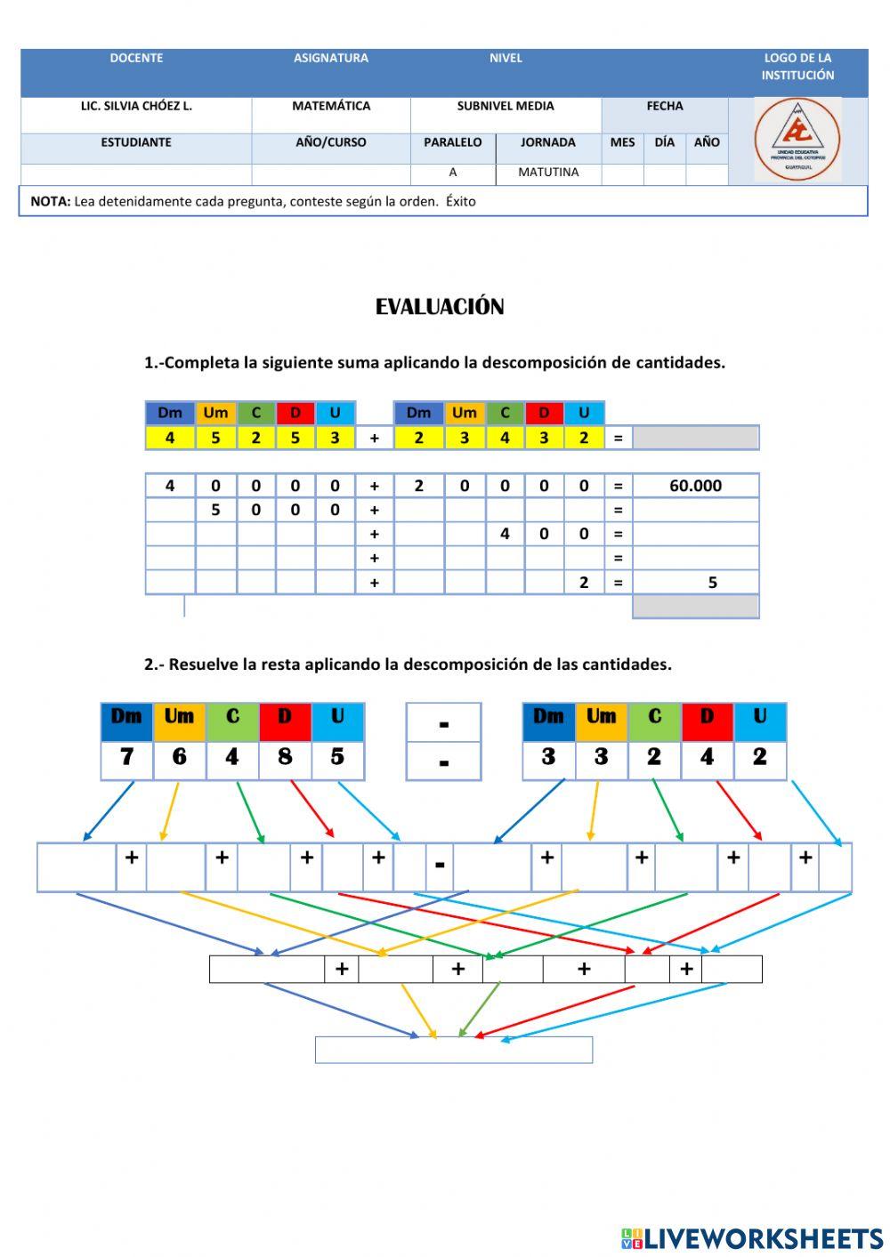 Descomposición en decena, centenas y miles en cálculos de suma y resta
