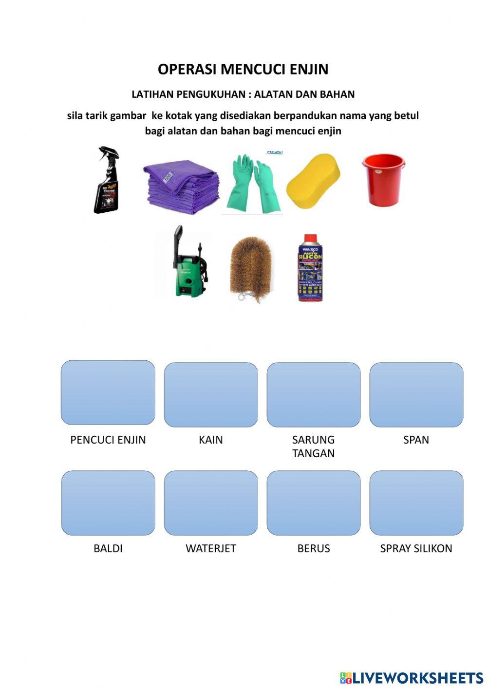 Kenal pasti alat dan bahan untuk mencuci enjin