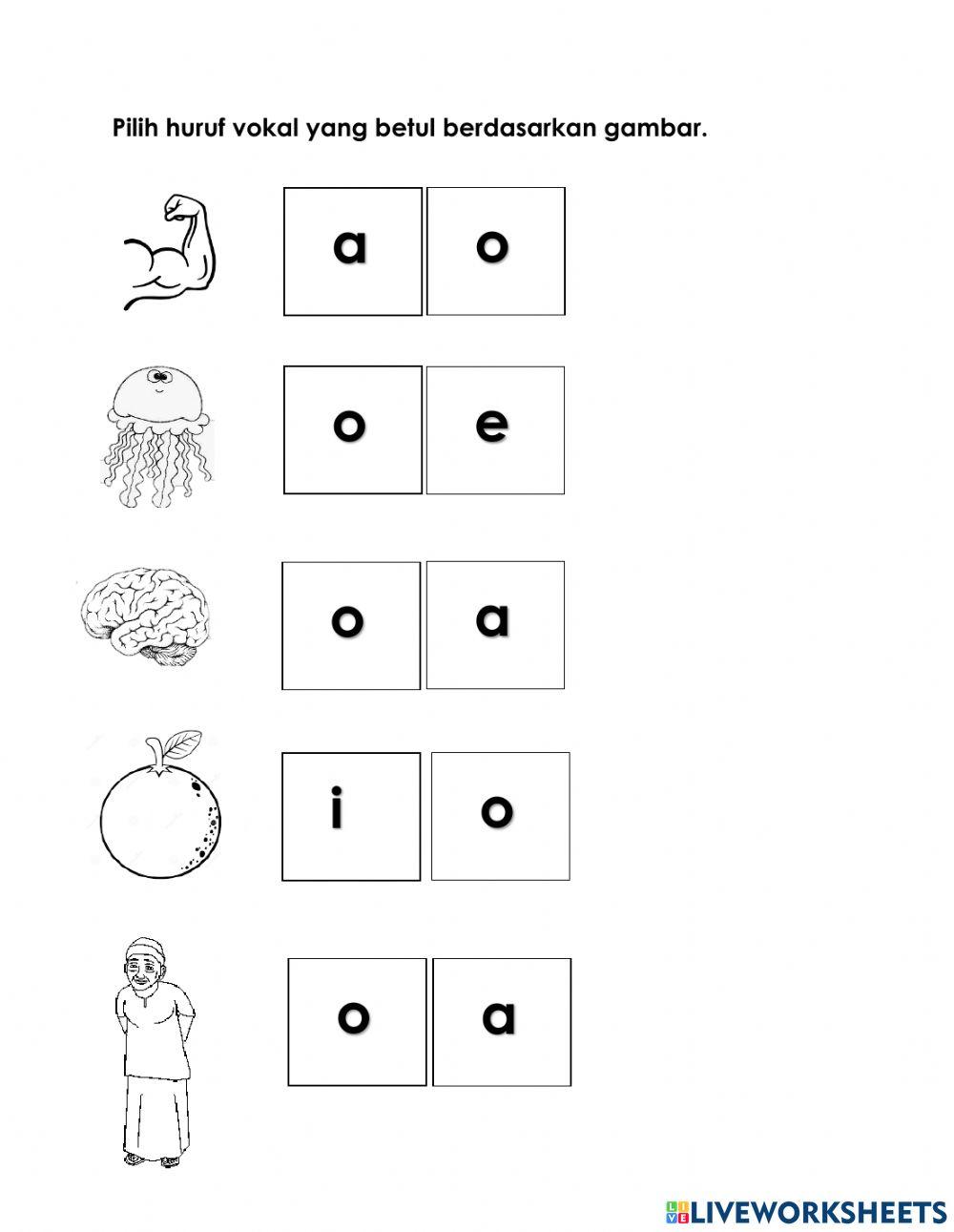 Latihan pilih huruf vokal o berdasarkan gambar