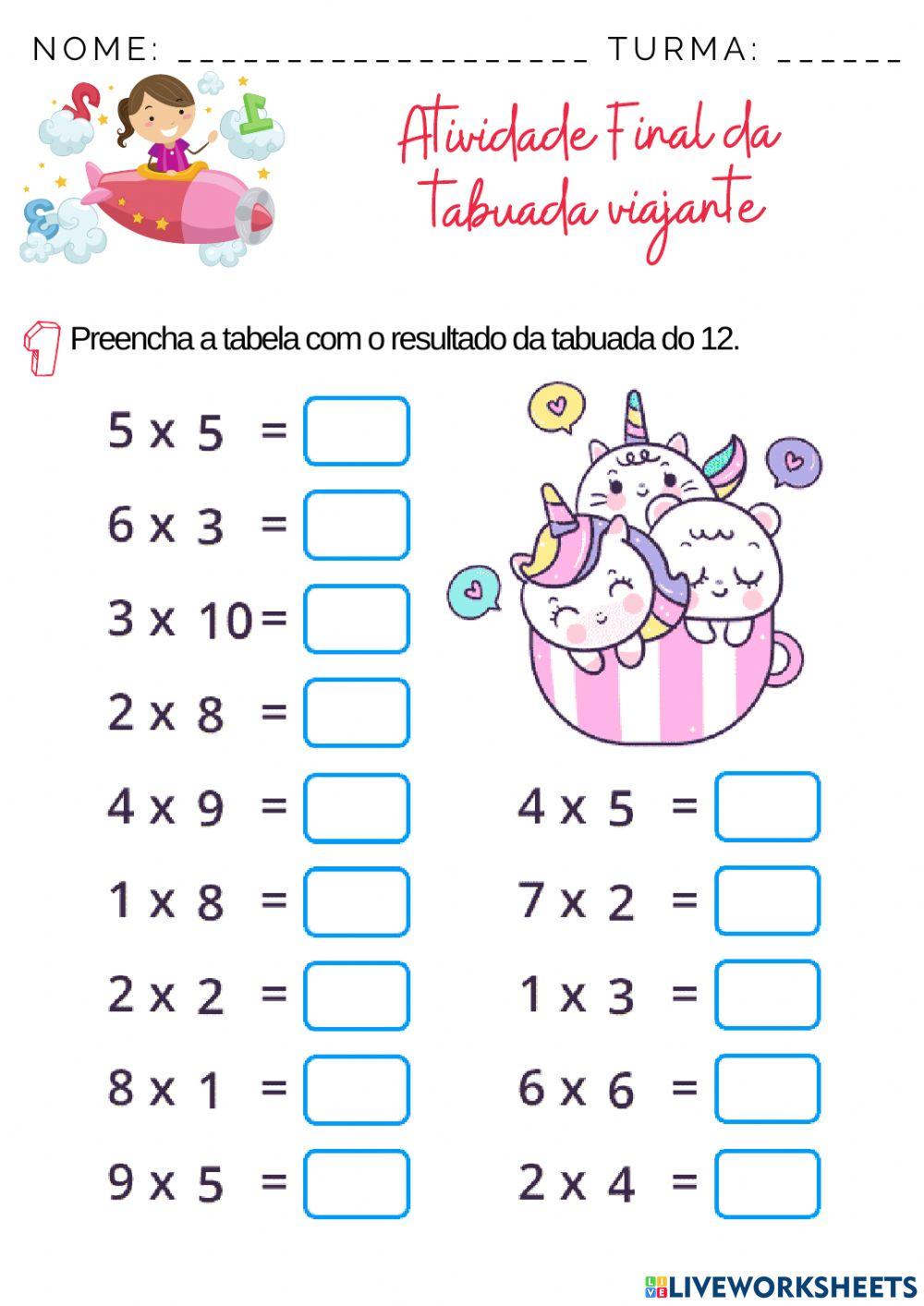 Atividade 2 da tabuada viajante (4º ano) worksheet