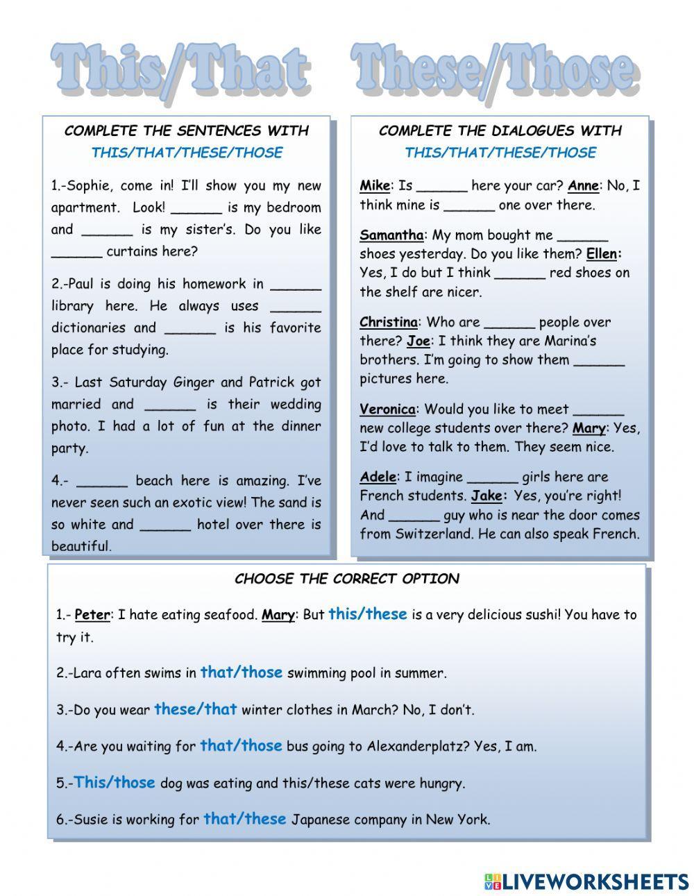 Demonstrative Pronouns - this that these those - worksheet 1