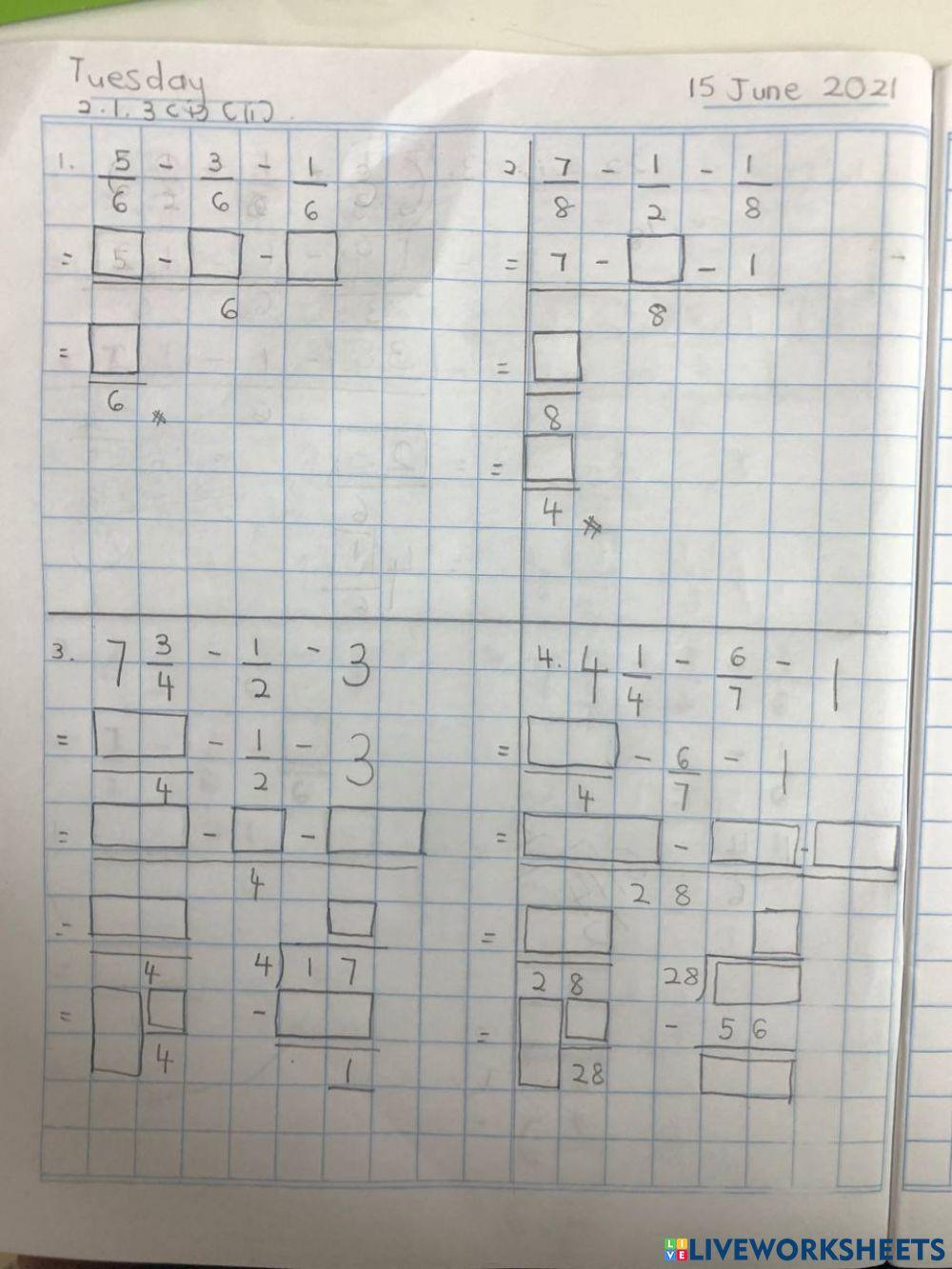 Year 4 subtraction fraction exercises