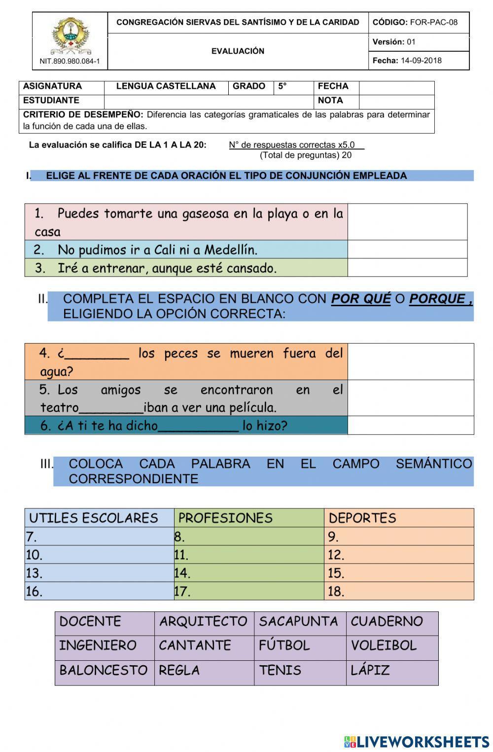 EVALUACIÓN N° 2  Conjunciones, uso de comillas, Por qué-porque, campo semántico