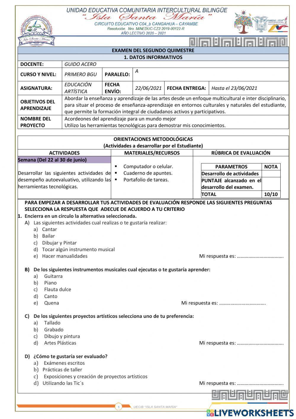 Examen Educación Artística Segundo BGU