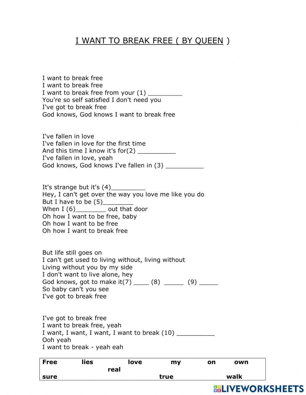 Queen I Want To Break Free worksheet Live Worksheets