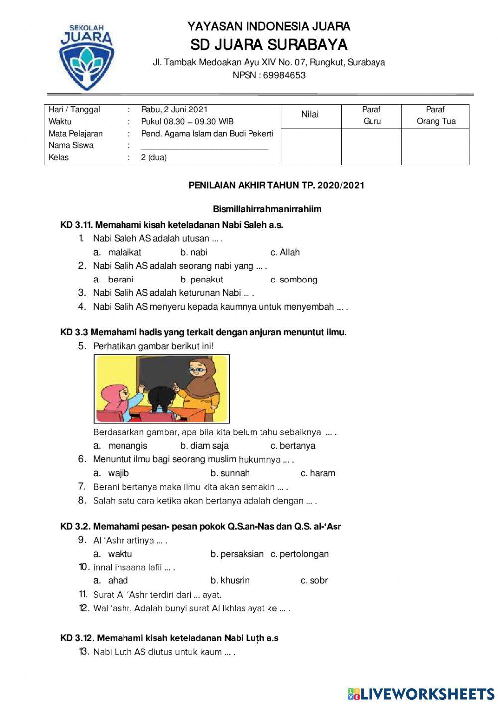 Penilaian akhir Tahun 2020-2021 PAI-BP
